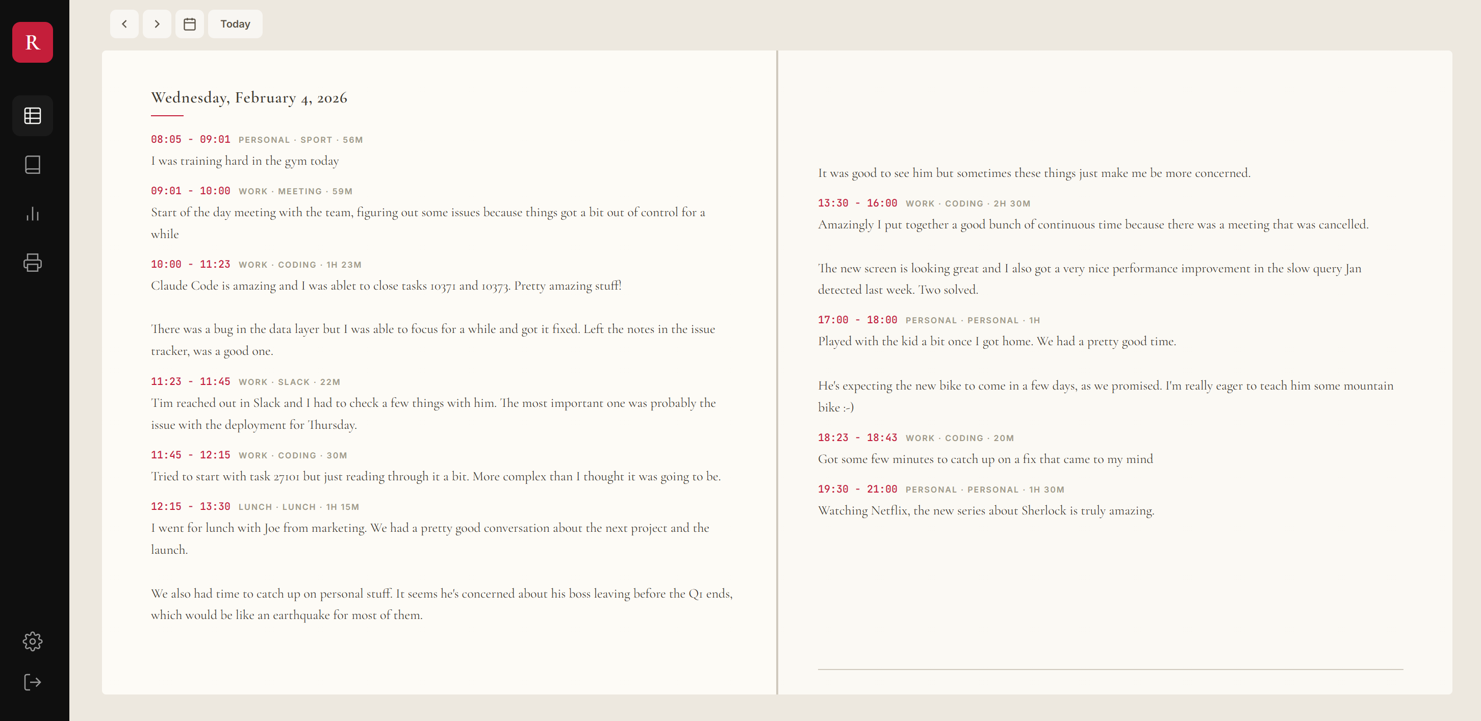 The diary view — each day reads like a journal, which is what I always wanted from my spreadsheet