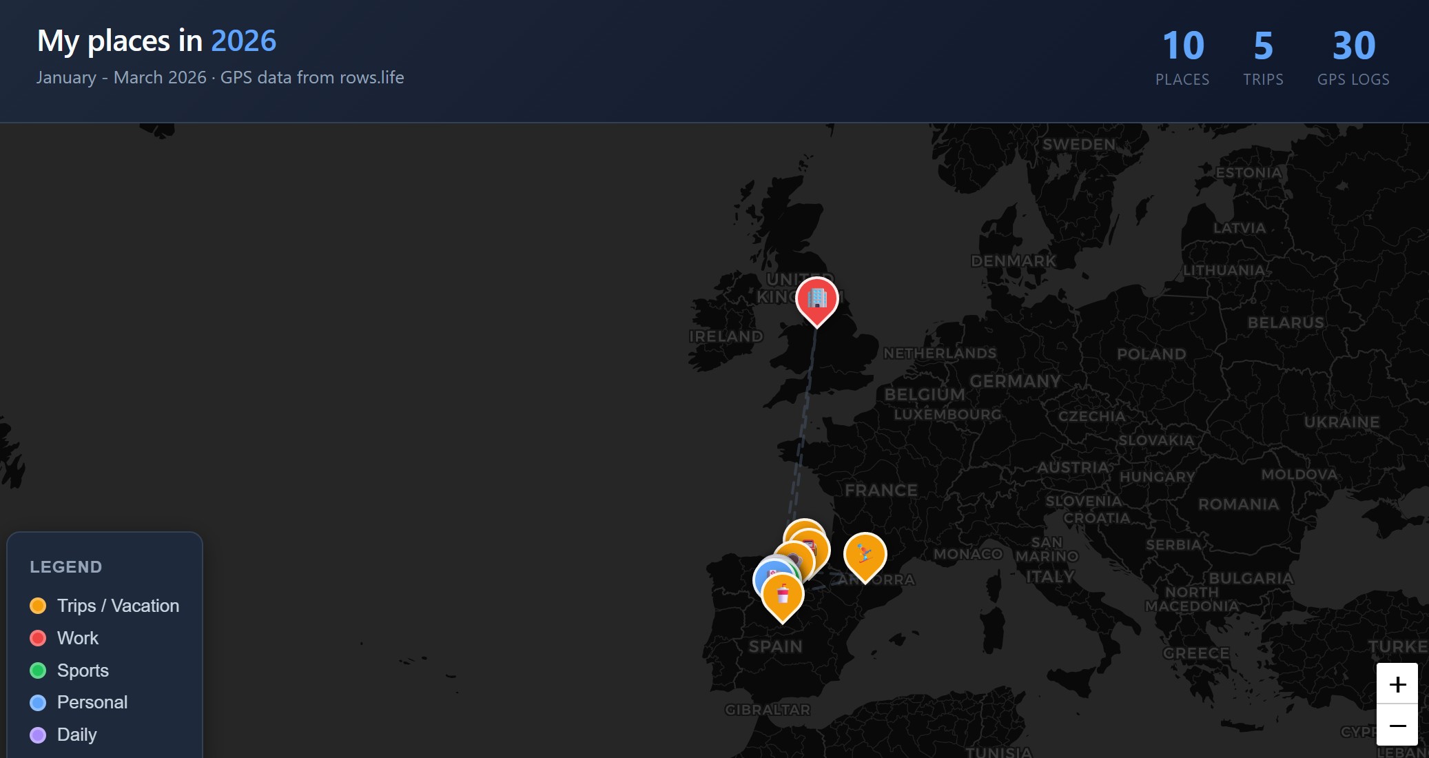 Map generated by Claude Code using locations logged in rows.life