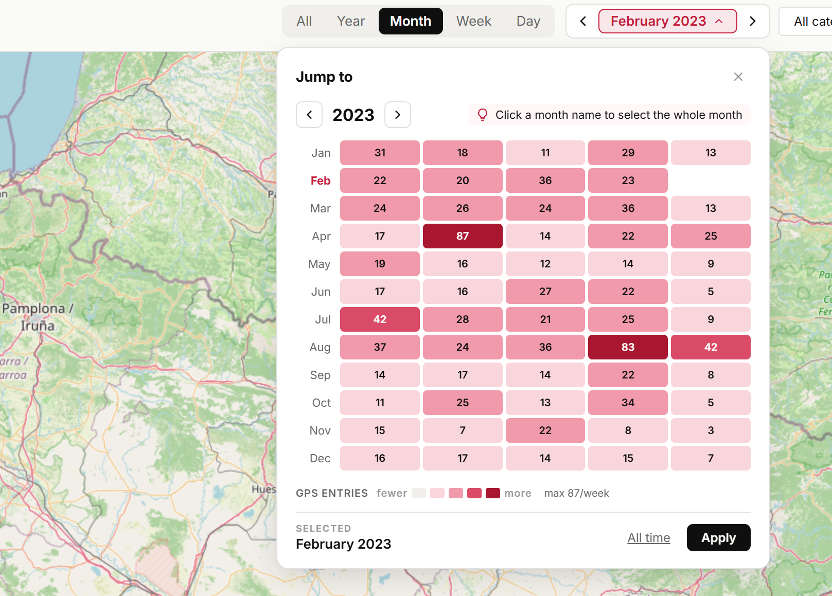 Jump to any week on the map — new scope filter with GPS heatmap