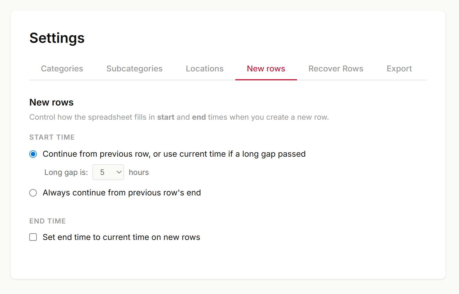 Customize how new rows fill in their times