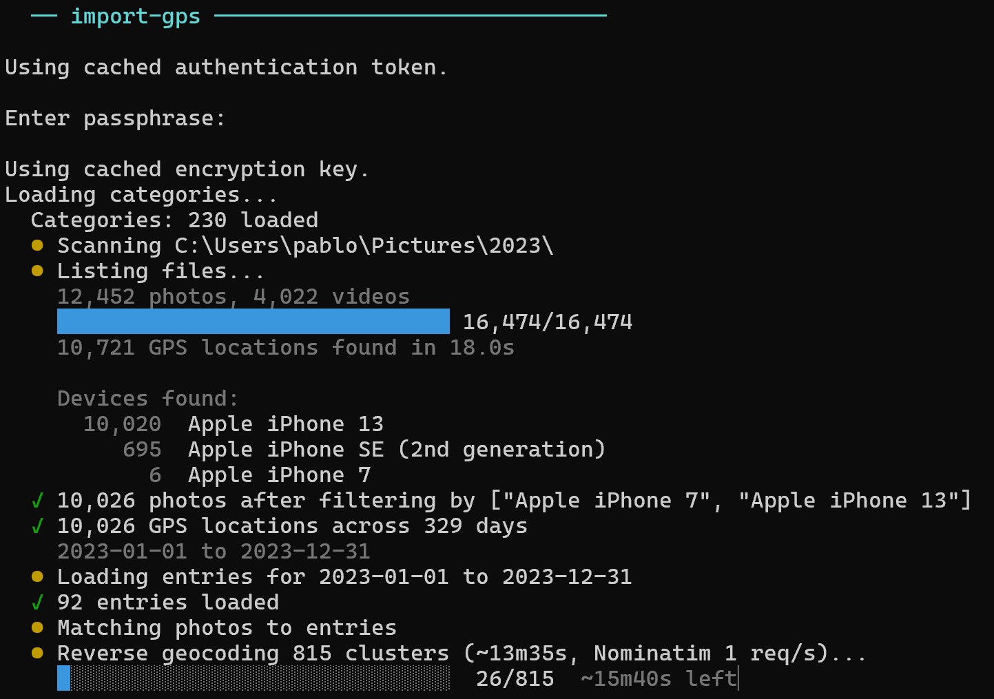 CLI: smarter GPS import with distance-based dedup and auto-created entries